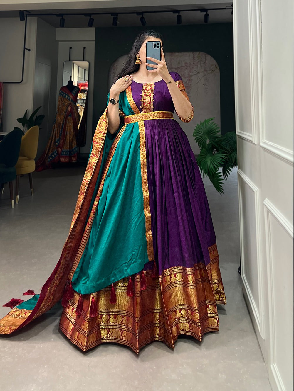 Stunning Wine Traditional Narayanpet Gown with Dupatta & Belt ClothsVilla