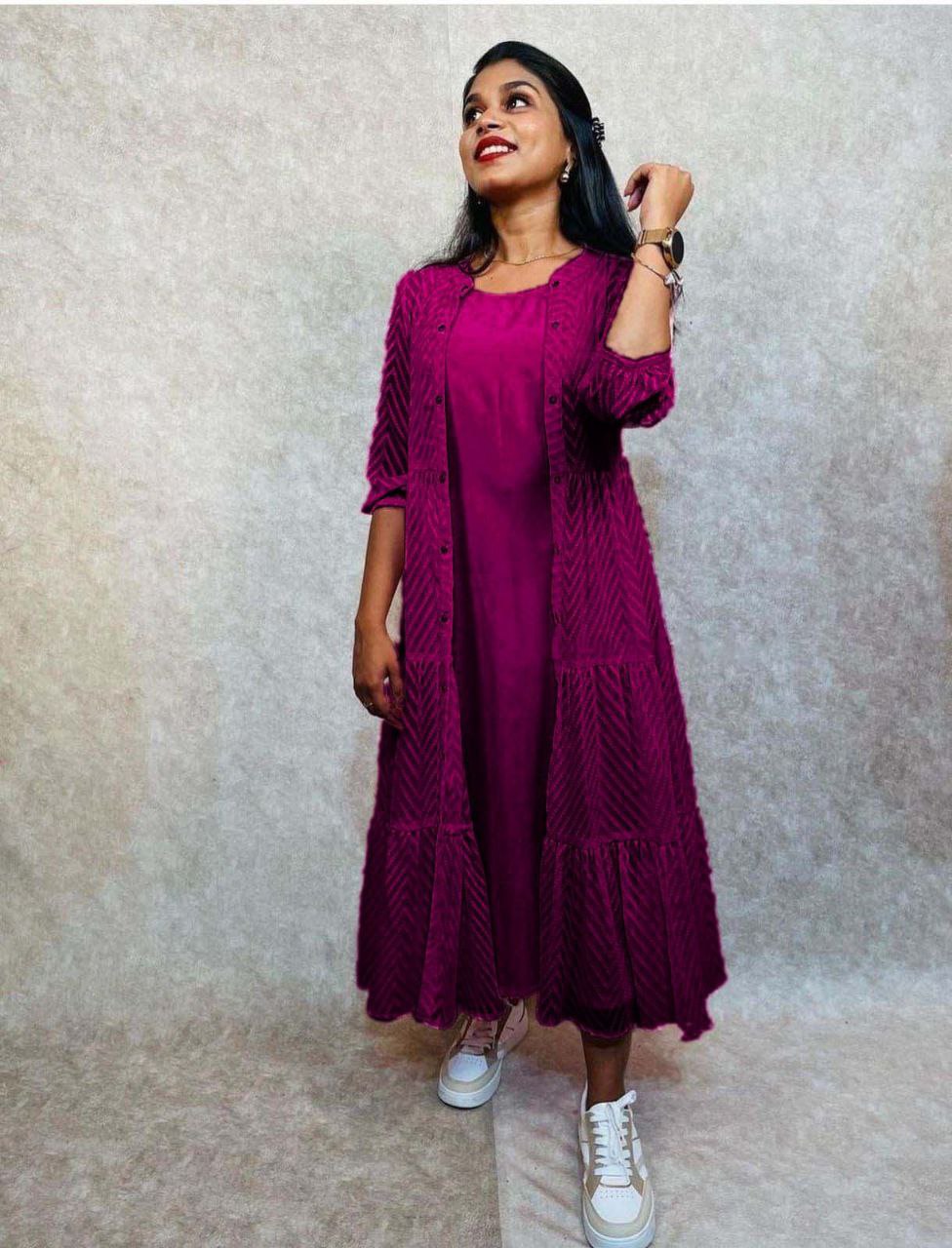 Stunning Wine Zik Zak Georgette Jacket Kurti with Flared Silhouette ClothsVilla Main image