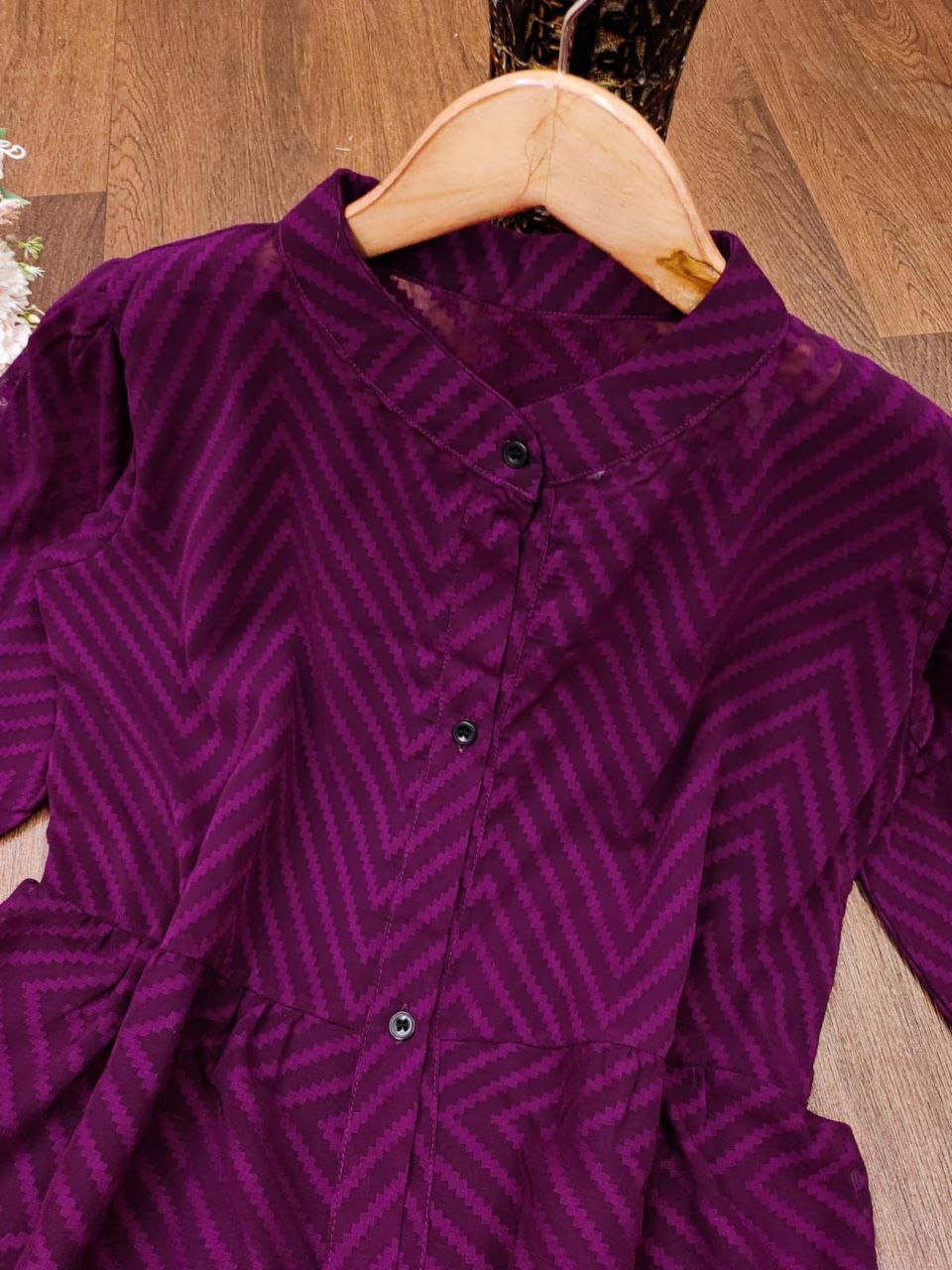Stunning Wine Zik Zak Georgette Jacket Kurti with Flared Silhouette ClothsVilla
