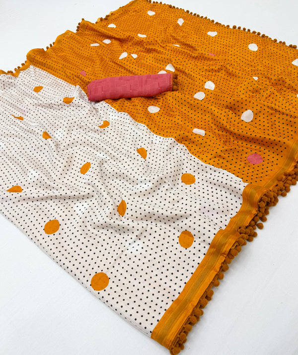 Sunlit Marigold Yellow Mul Cotton Saree ClothsVilla