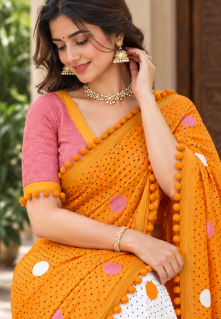 Sunlit Marigold Yellow Mul Cotton Saree ClothsVilla