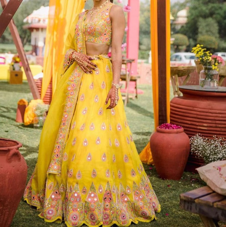 Sunshine Soiree Radiant Haldi Yellow Georgette Designer Lehenga Choli Set ClothsVilla
