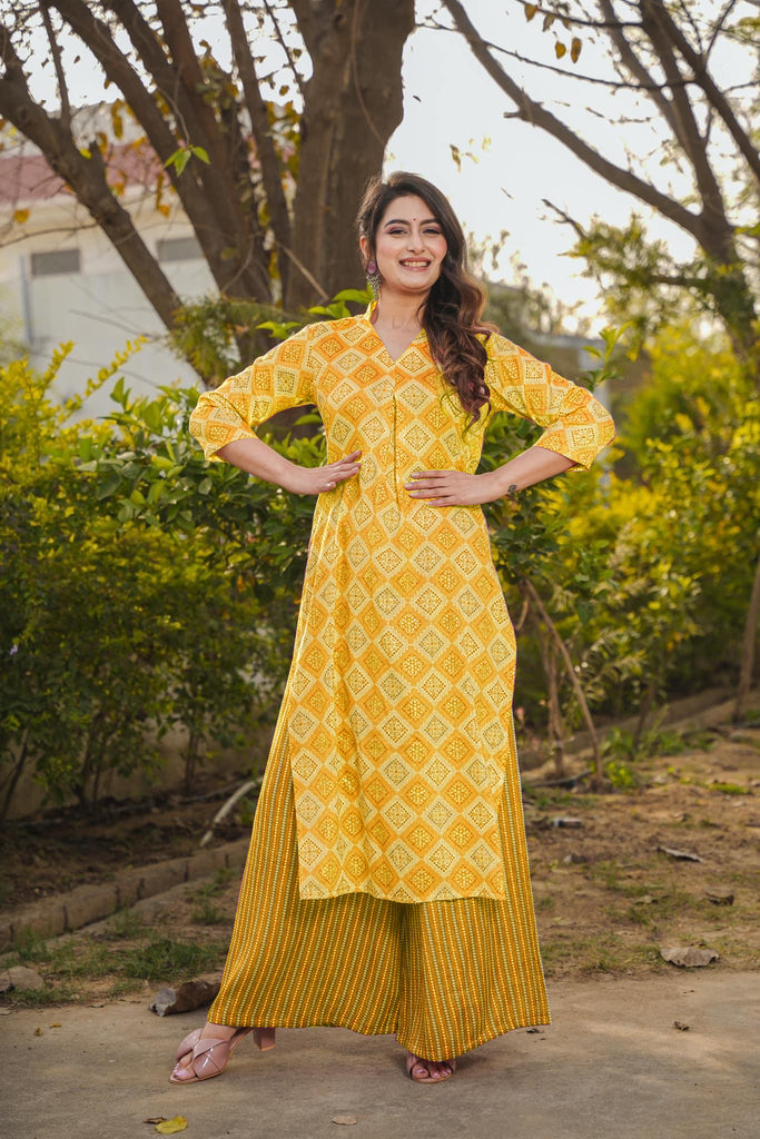 Sunshine Yellow Printed Rayon Kurti ClothsVilla