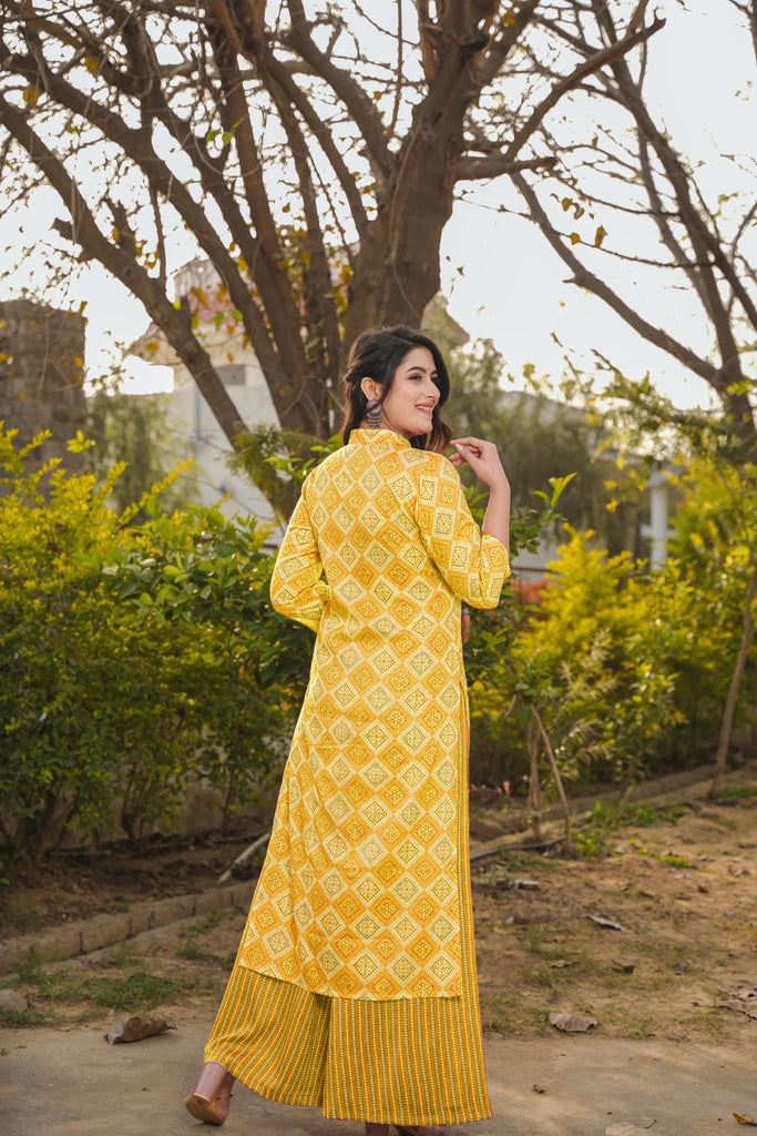 Sunshine Yellow Printed Rayon Kurti ClothsVilla