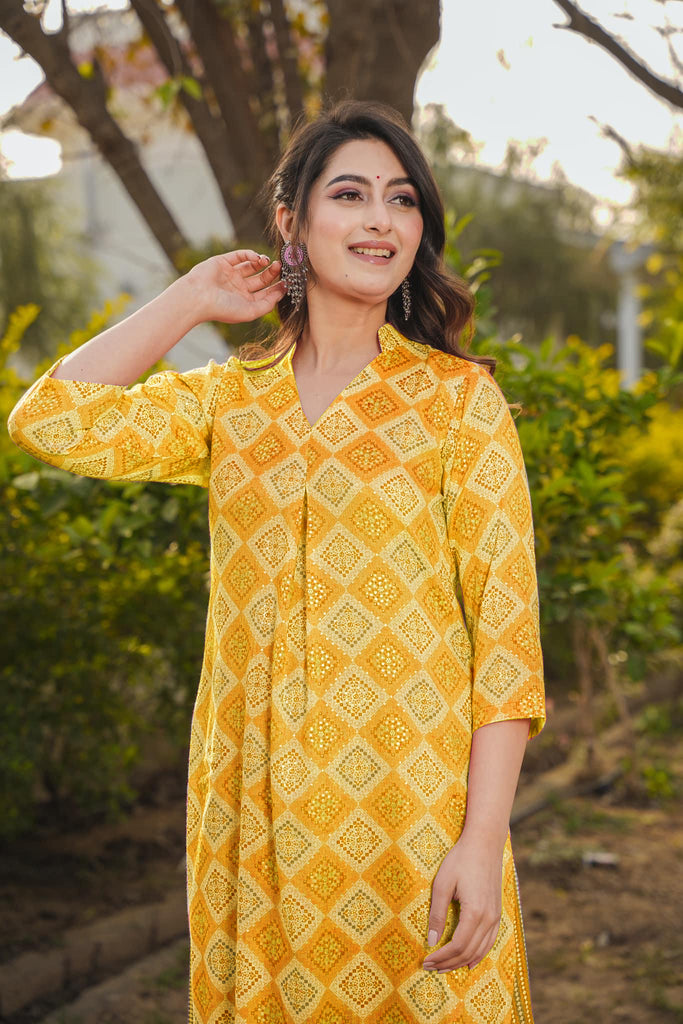 Sunshine Yellow Printed Rayon Kurti ClothsVilla