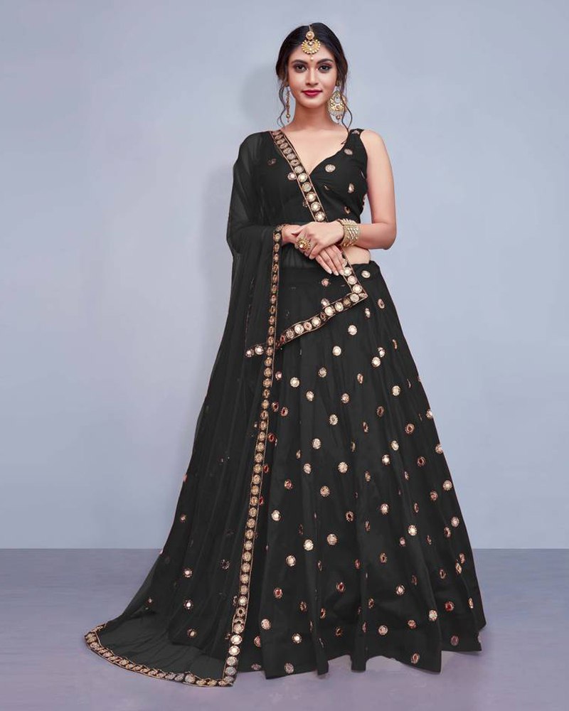 Tafeta Silk Black Lehenga Choli Dupatta Set with Real Mirror Work ClothsVilla