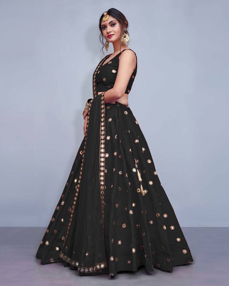 Tafeta Silk Black Lehenga Choli Dupatta Set with Real Mirror Work ClothsVilla