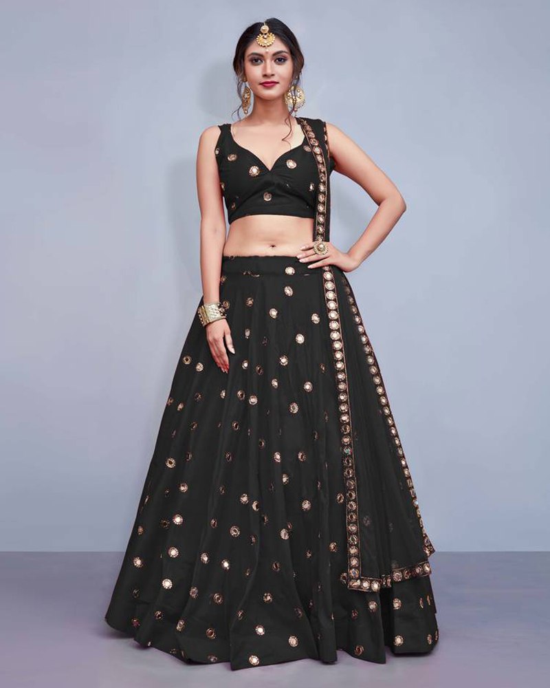 Tafeta Silk Black Lehenga Choli Dupatta Set with Real Mirror Work ClothsVilla