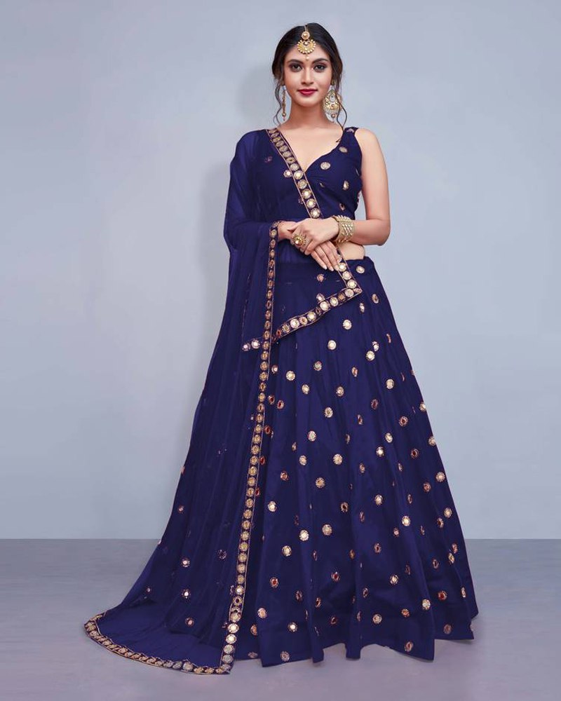 Tafeta Silk Navy Blue Lehenga Choli Dupatta Set with Real Mirror Work ClothsVilla