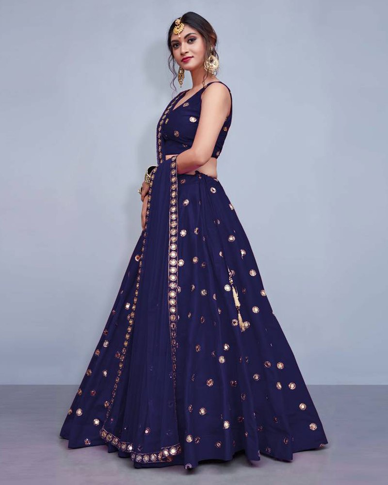 Tafeta Silk Navy Blue Lehenga Choli Dupatta Set with Real Mirror Work ClothsVilla