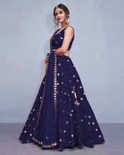 Load image into Gallery viewer, Tafeta Silk Navy Blue Lehenga Choli Dupatta Set with Real Mirror Work ClothsVilla