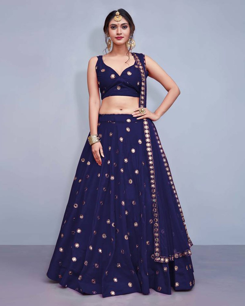 Tafeta Silk Navy Blue Lehenga Choli Dupatta Set with Real Mirror Work ClothsVilla