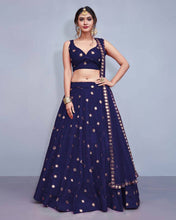 Load image into Gallery viewer, Tafeta Silk Navy Blue Lehenga Choli Dupatta Set with Real Mirror Work ClothsVilla