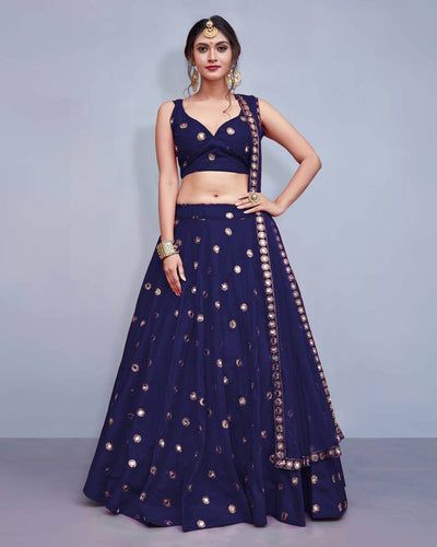 Tafeta Silk Navy Blue Lehenga Choli Dupatta Set with Real Mirror Work ClothsVilla
