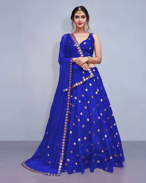 Tafeta Silk Royal Blue Lehenga Choli Dupatta Set with Real Mirror Work ClothsVilla Main image