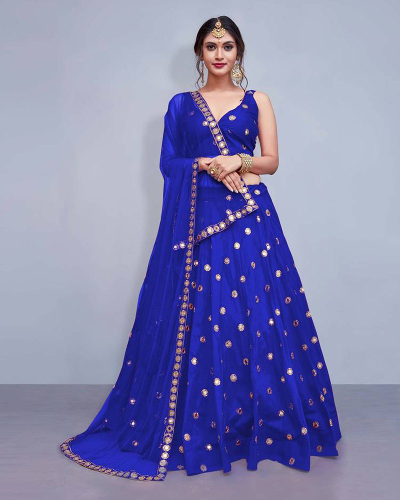 Tafeta Silk Royal Blue Lehenga Choli Dupatta Set with Real Mirror Work ClothsVilla