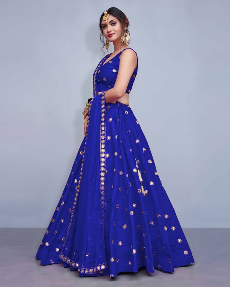 Tafeta Silk Royal Blue Lehenga Choli Dupatta Set with Real Mirror Work ClothsVilla