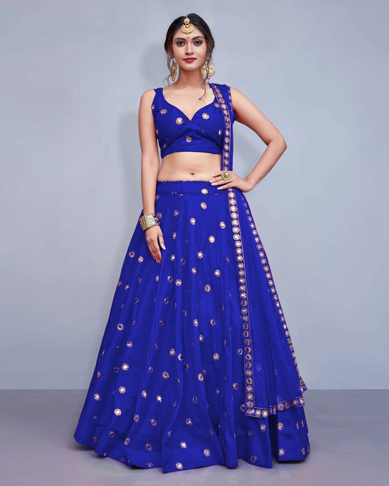 Tafeta Silk Royal Blue Lehenga Choli Dupatta Set with Real Mirror Work ClothsVilla