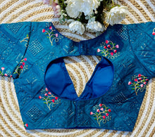 Load image into Gallery viewer, Teal Blue Blooming Silk Blouse with Sequins and Tone-on-Tone Thread Work ClothsVilla