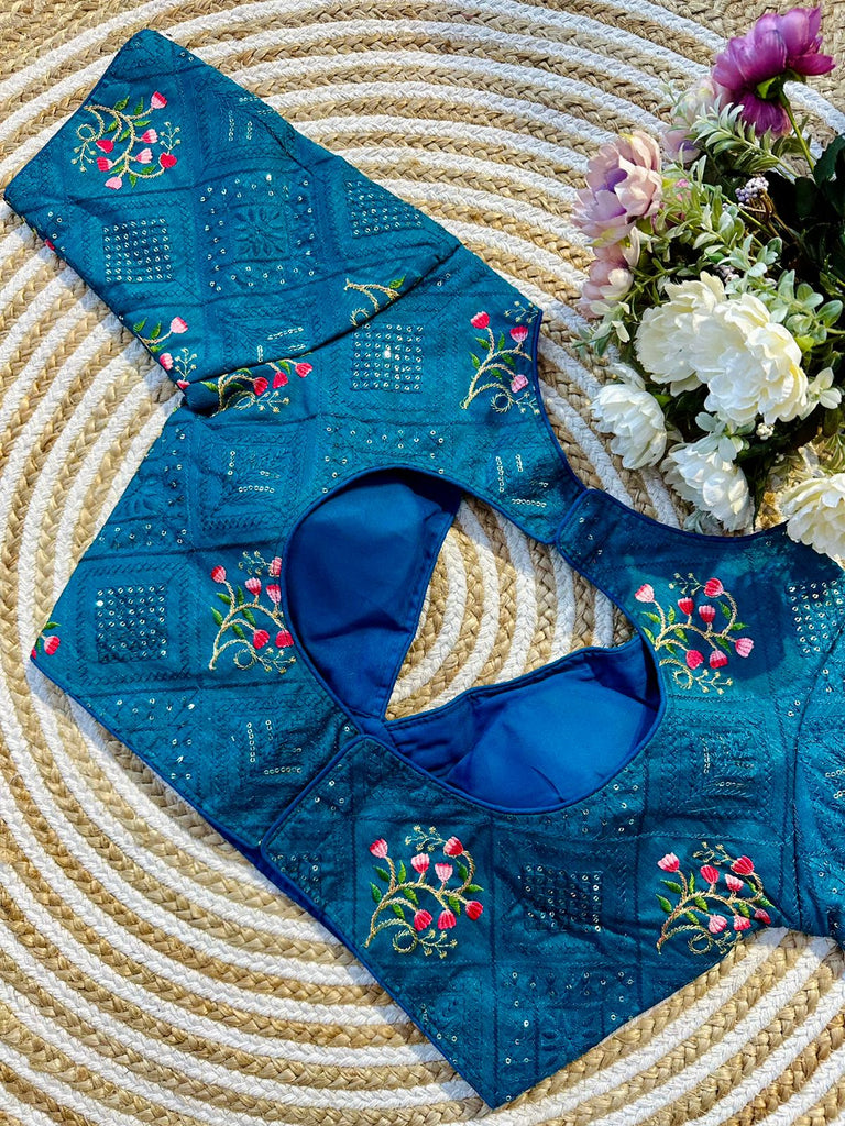 Teal Blue Blooming Silk Blouse with Sequins and Tone-on-Tone Thread Work ClothsVilla