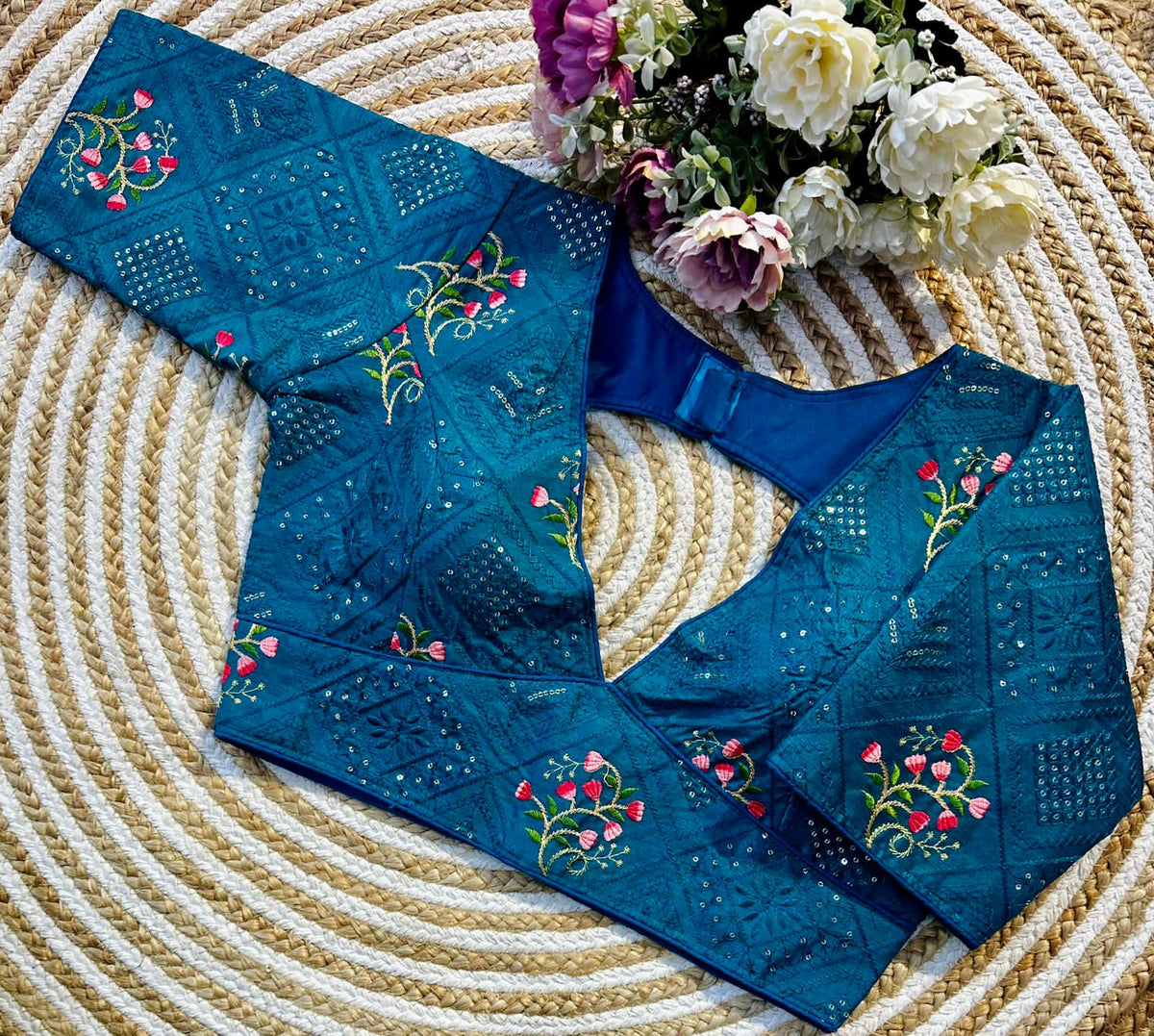 Teal Blue Blooming Silk Blouse with Sequins and Tone-on-Tone Thread Work ClothsVilla Main image