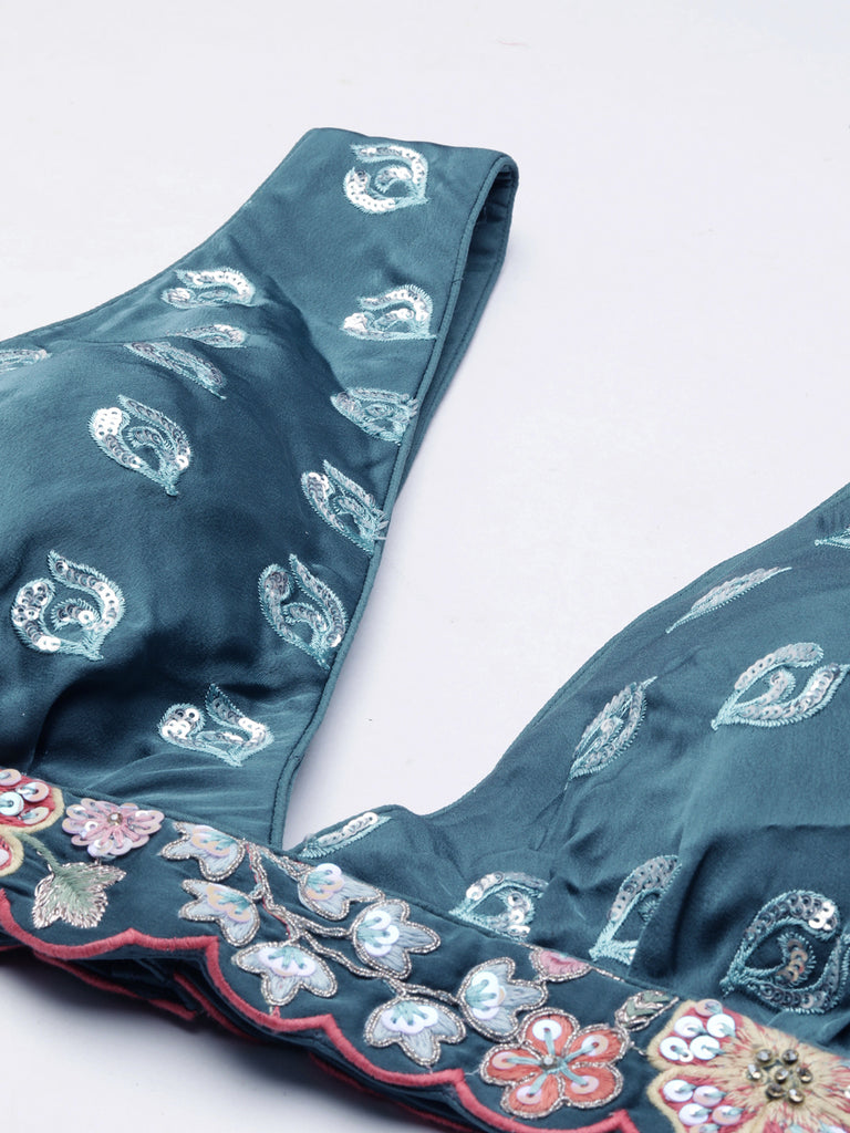 Teal Blue Chinon Sequin Embroidery Lehenga Choli Set ClothsVilla