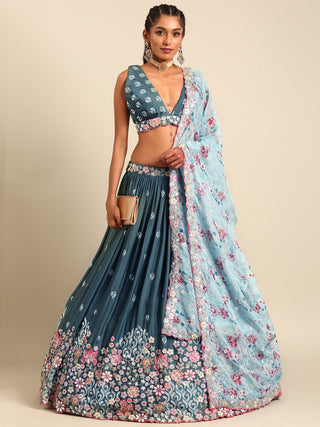 Teal Blue Chinon Sequin Embroidery Lehenga Choli Set ClothsVilla