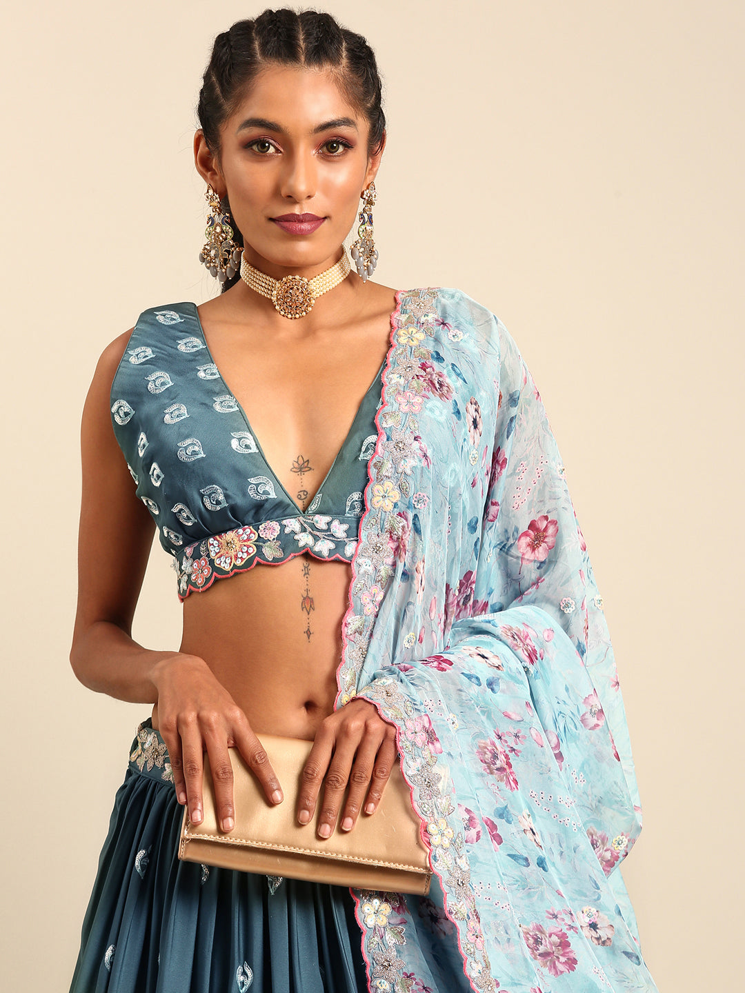 Teal Blue Chinon Sequin Embroidery Lehenga Choli Set ClothsVilla