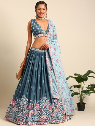 Teal Blue Chinon Sequin Embroidery Lehenga Choli Set ClothsVilla