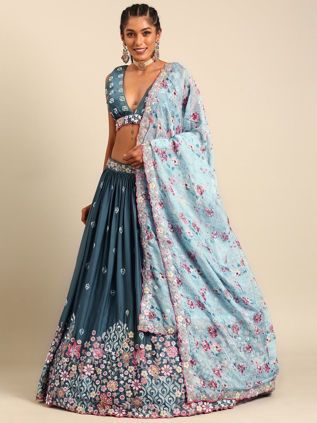 Teal Blue Chinon Sequin Embroidery Lehenga Choli Set ClothsVilla