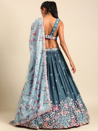Teal Blue Chinon Sequin Embroidery Lehenga Choli Set ClothsVilla