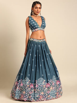 Teal Blue Chinon Sequin Embroidery Lehenga Choli Set ClothsVilla