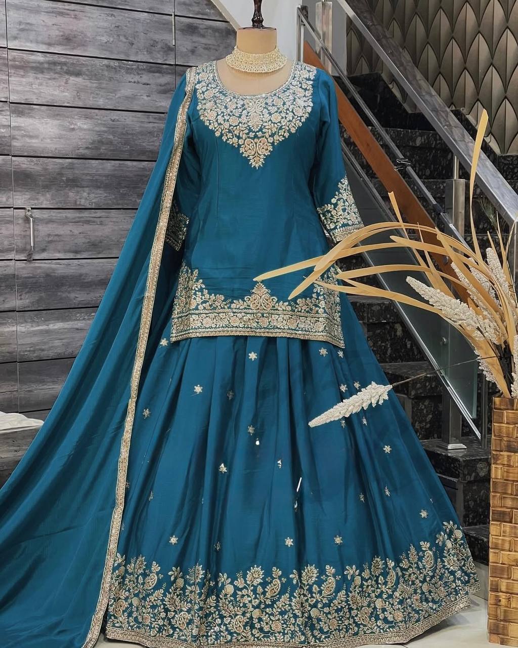 Teal Blue Chinon Silk Lehenga Set with Sequin Work & Lace Border Dupatta  Full-Stitched Traditional Wear ClothsVilla