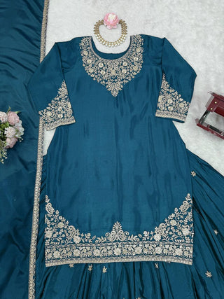 Teal Blue Chinon Silk Lehenga Set with Sequin Work & Lace Border Dupatta  Full-Stitched Traditional Wear ClothsVilla