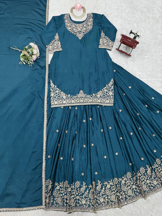 Teal Blue Chinon Silk Lehenga Set with Sequin Work & Lace Border Dupatta  Full-Stitched Traditional Wear ClothsVilla