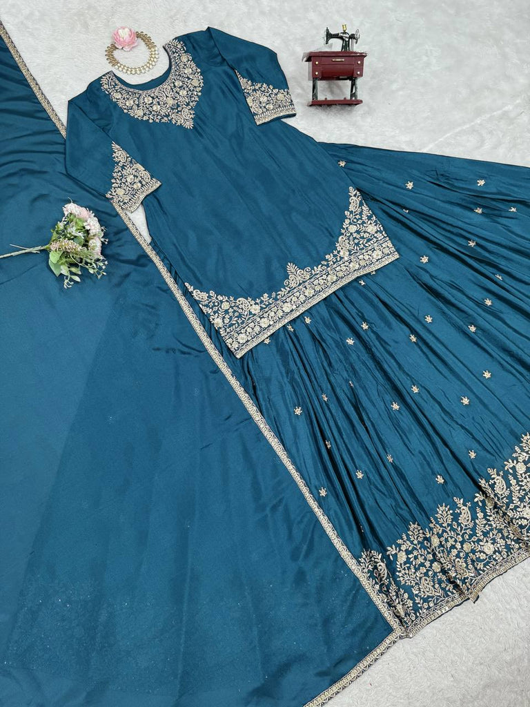 Teal Blue Chinon Silk Lehenga Set with Sequin Work & Lace Border Dupatta  Full-Stitched Traditional Wear ClothsVilla
