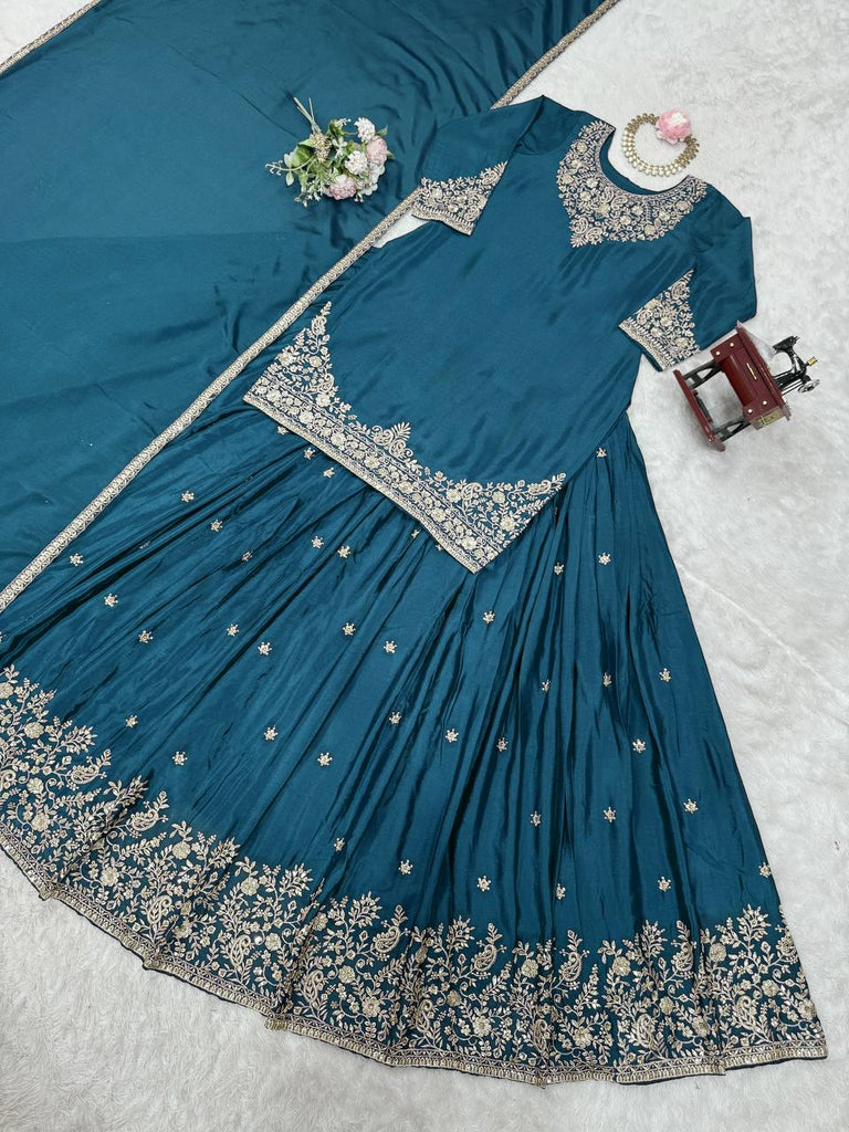 Teal Blue Chinon Silk Lehenga Set with Sequin Work & Lace Border Dupatta  Full-Stitched Traditional Wear ClothsVilla