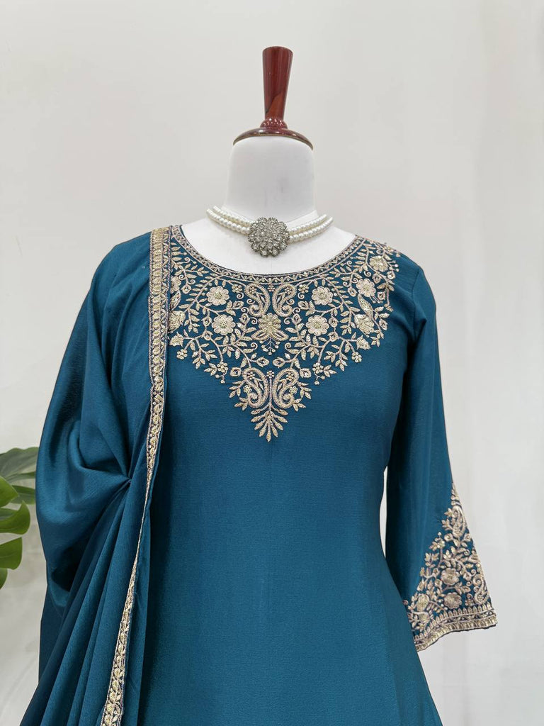 Teal Blue Chinon Silk Lehenga Set with Sequin Work & Lace Border Dupatta  Full-Stitched Traditional Wear ClothsVilla