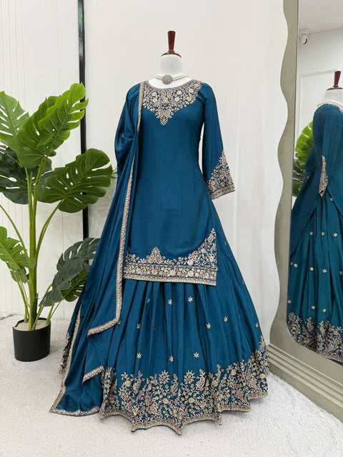 Teal Blue Chinon Silk Lehenga Set with Sequin Work & Lace Border Dupatta  Full-Stitched Traditional Wear ClothsVilla Main image