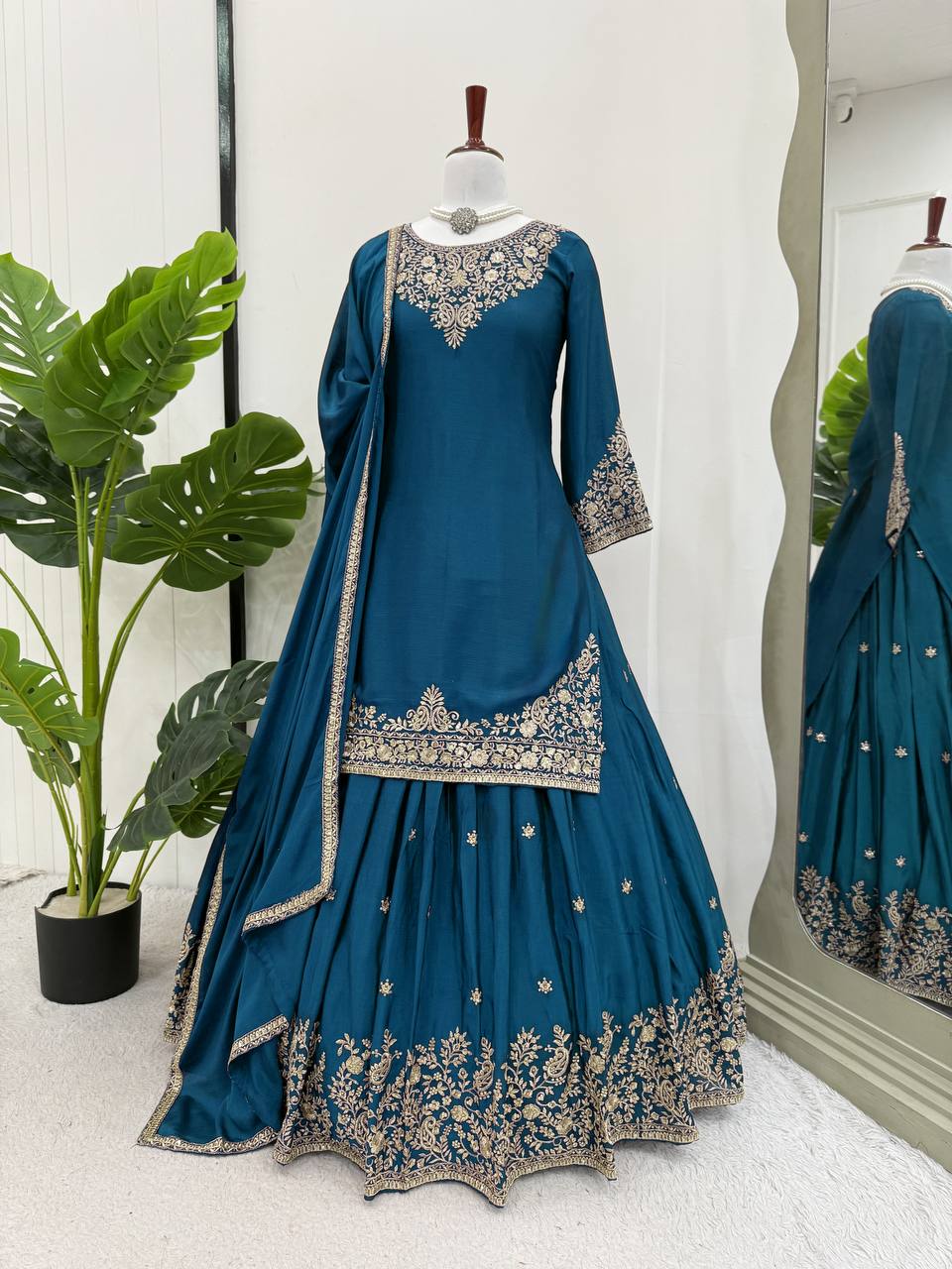 Teal Blue Chinon Silk Lehenga Set with Sequin Work & Lace Border Dupatta  Full-Stitched Traditional Wear ClothsVilla Main image