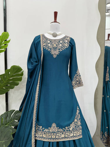 Teal Blue Chinon Silk Lehenga Set with Sequin Work & Lace Border Dupatta  Full-Stitched Traditional Wear ClothsVilla