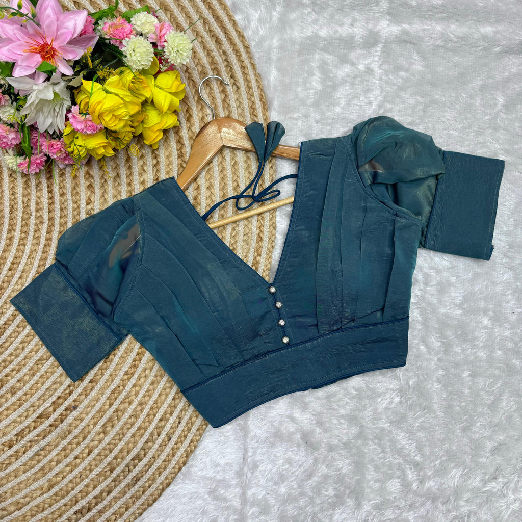 Teal Blue Color Metallic Jari Blouse with Ruffled Pattern and Balloon Sleeves ClothsVilla