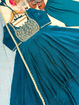 Teal Blue Crush Silk Embroidered Gown ClothsVilla
