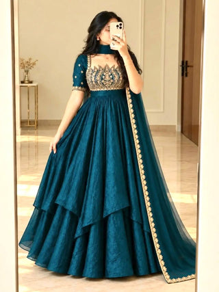 Teal Blue Crush Silk Embroidered Gown ClothsVilla