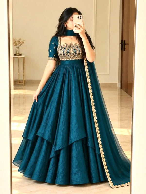 Teal Blue Crush Silk Embroidered Gown ClothsVilla