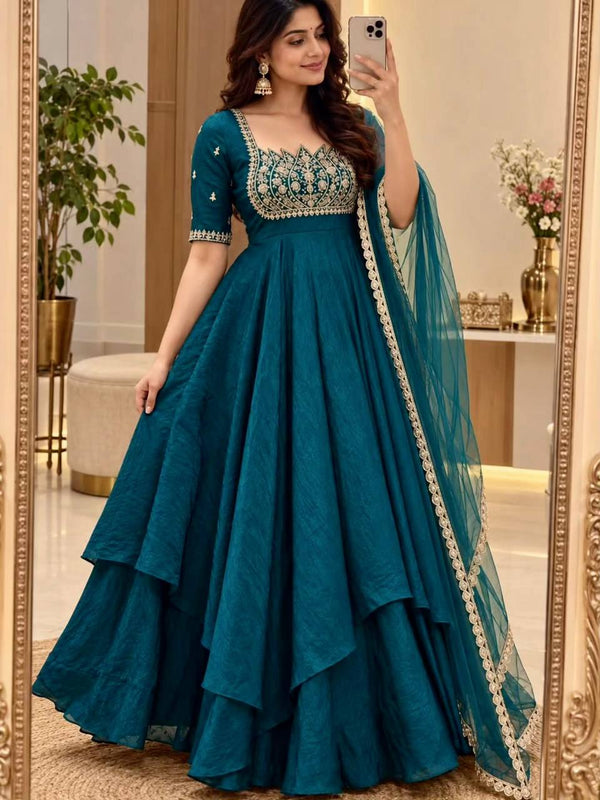 Teal Blue Crush Silk Embroidered Gown ClothsVilla