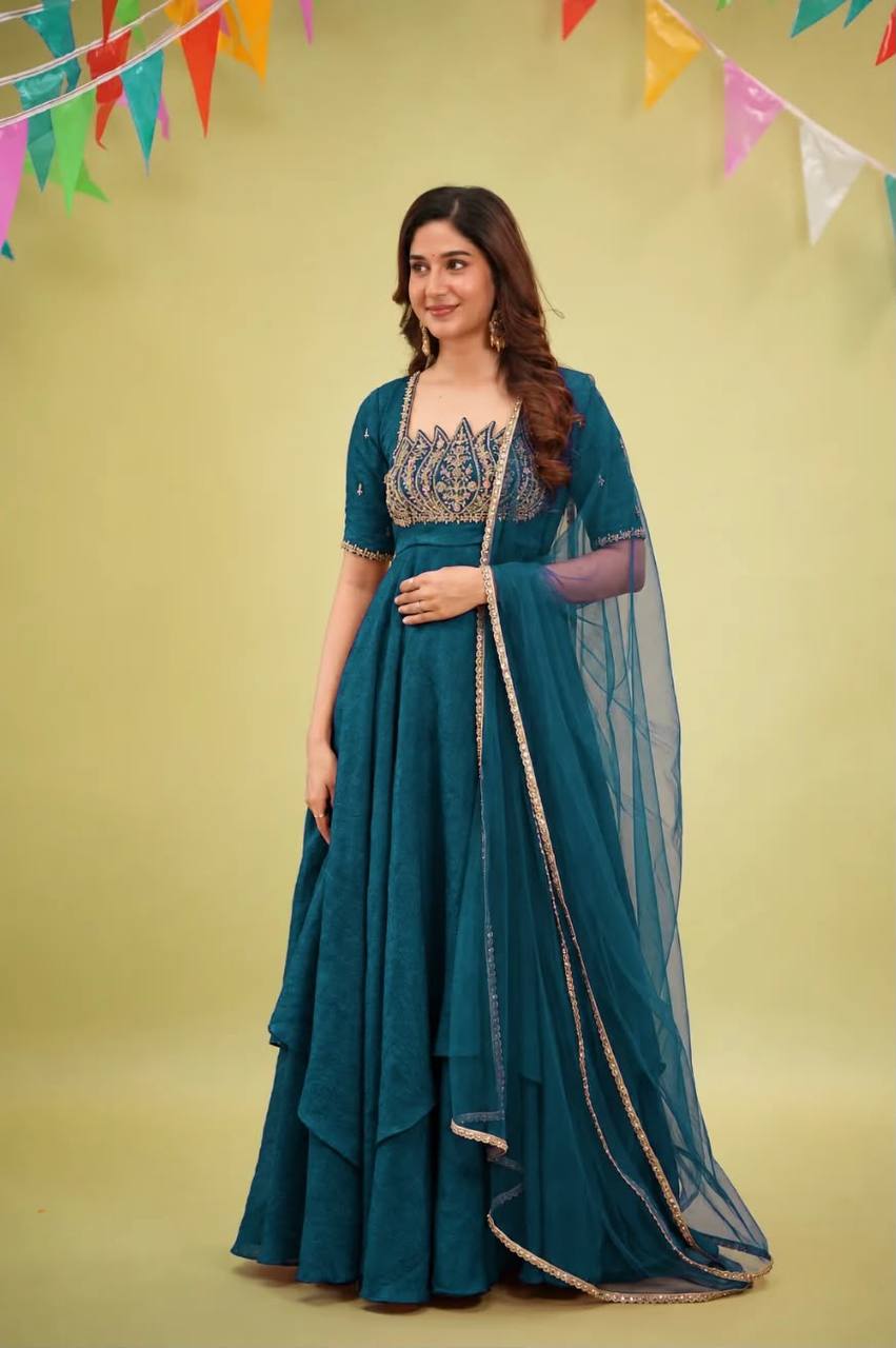 Teal Blue Crush Silk Embroidered Gown ClothsVilla