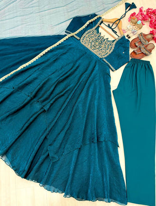 Teal Blue Crush Silk Embroidered Gown ClothsVilla