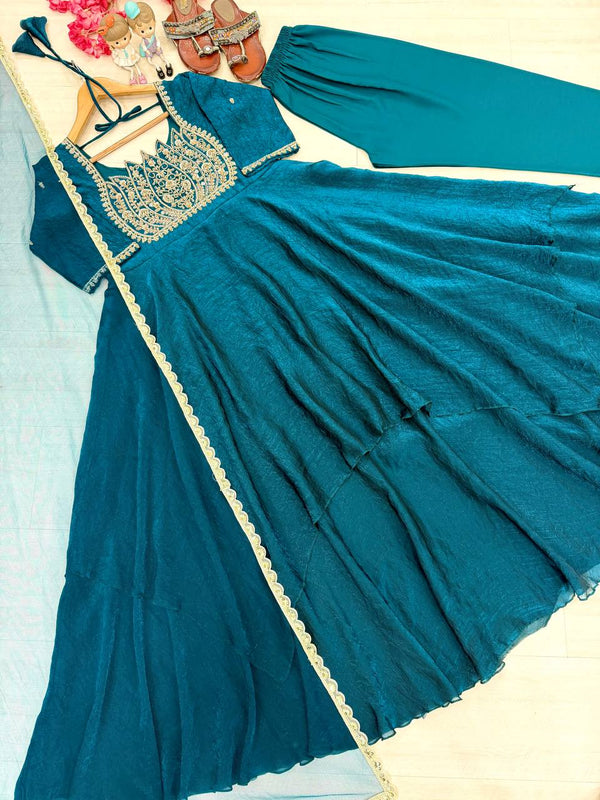 Teal Blue Crush Silk Embroidered Gown ClothsVilla