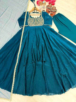 Teal Blue Crush Silk Embroidered Gown ClothsVilla